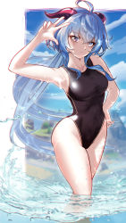 Rule 34 | 1girl, ahoge, black one-piece swimsuit, blue hair, blue sky, breasts, cloud, colored tips, competition swimsuit, feet out of frame, ganyu (genshin impact), genshin impact, goat horns, highres, horns, long hair, looking at viewer, low ponytail, medium breasts, multicolored eyes, multicolored hair, one-piece swimsuit, purple eyes, sidelocks, sky, soaking feet, solo, swimsuit, v, valkyrierei