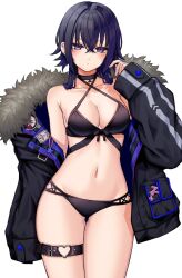 Rule 34 | 1girl, bare shoulders, bikini, black bikini, black hair, black jacket, blush, breasts, choker, cleavage, closed mouth, collarbone, commentary request, criss-cross halter, ear piercing, fur-trimmed jacket, fur trim, groin tendon, halterneck, hand up, heart o-ring, highres, ichinose uruha, jacket, kushinaka, long hair, long sleeves, looking at viewer, lupinus virtual games, medium breasts, multicolored hair, navel, open clothes, open mouth, piercing, purple eyes, sidelocks, simple background, solo, swimsuit, thigh strap, two-tone hair, virtual youtuber, vspo!, white background