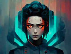 Rule 34 | 1girl, ai-assisted, big hair, black hair, commentary, curly hair, cyberpunk, cyborg, english commentary, eyebrow cut, forehead, glowing, glowing eyes, highres, joints, lips, looking at viewer, neon trim, nose, nyuunzi, orange eyes, original, portrait, revision, robot joints, short hair, sidelocks, solo, thick eyebrows, xenosexual