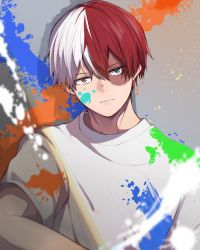 Rule 34 | 1boy, boku no hero academia, burn scar, closed mouth, commentary, expressionless, grey background, grey eyes, hair between eyes, heterochromia, highres, looking at viewer, male focus, miyanami 3, multicolored hair, paint, red eyes, red hair, scar, shirt, short hair, short sleeves, smile, solo, symbol-only commentary, todoroki shouto, two-tone hair, upper body, white hair, white shirt