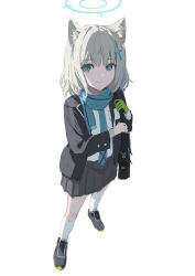Rule 34 | 1girl, animal ear fluff, animal ears, bag, black bag, black footwear, black jacket, black skirt, blue archive, blue eyes, blue scarf, buttoned cuffs, buttons, closed mouth, commentary, cross hair ornament, full body, gloves, green gloves, grey hair, hair ornament, halo, hand up, highres, jacket, kneehighs, light smile, long sleeves, looking at viewer, medium hair, nekoreito, open clothes, open jacket, pleated skirt, scarf, school bag, shiroko (blue archive), shirt, simple background, single glove, skirt, socks, solo, standing, white background, white shirt, white socks, wolf ears