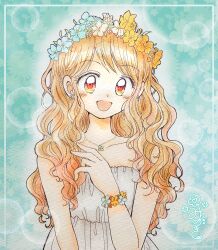 Rule 34 | 1990s (style), 1girl, :d, bare arms, bare shoulders, blue background, blue flower, blush, bracelet, collarbone, dress, earrings, flower, flower earrings, flower wreath, fukatsuki mizuki, green background, grey dress, hair flower, hair ornament, head wreath, highres, jewelry, long hair, looking at viewer, necklace, open mouth, original, outline, painting (medium), red eyes, retro artstyle, signature, smile, solo, traditional media, upper body, watercolor (medium), wavy hair, white dress, white outline, wrist flower, yellow flower