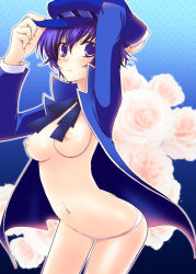 Rule 34 | 1girl, atlus, blue eyes, blue hair, breasts, cabbie hat, flower, hat, matching hair/eyes, mika mikan, nipples, open clothes, panties, persona, persona 4, rose, shirogane naoto, short hair, solo, underwear
