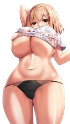 Rule 34 | 10s, 1girl, azur lane, black panties, blonde hair, breasts, brown eyes, cleavage, commentary request, cowboy shot, crop top, hair between eyes, highres, large breasts, looking at viewer, mistynight, multicolored hair, navel, panties, red hair, roon (azur lane), short hair, solo, standing, streaked hair, torn clothes, underboob, undersized clothes, underwear, white background