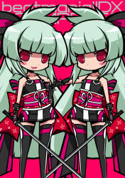 Rule 34 | 2girls, bad id, bad pixiv id, beatmania, beatmania iidx, blush stickers, chibi, copyright name, flat chest, green hair, kanzaki saya, long hair, looking at viewer, multiple girls, open mouth, red eyes, simple background, smile, sword, syno, thighhighs, very long hair, weapon