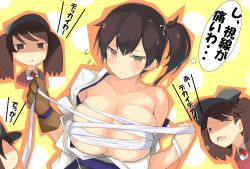 Rule 34 | 10s, 2girls, blush, breast envy, breasts, brown eyes, brown hair, japanese clothes, kaga (kancolle), kantai collection, large breasts, long hair, magatama, multiple girls, ryuujou (kancolle), side ponytail, simple background, tenpesuto, twintails, visor cap