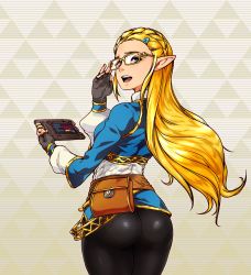Rule 34 | 1girl, ass, bespectacled, blonde hair, commentary request, eyebrows, fingerless gloves, glasses, gloves, green eyes, hair ornament, hairclip, highres, hip focus, huge ass, long hair, looking at viewer, looking back, nintendo, open mouth, pantylines, pointy ears, princess zelda, sheikah slate, solo, the legend of zelda, the legend of zelda: breath of the wild, thighs, wide hips, yakibuta (shimapow), yellow-framed eyewear