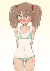 Rule 34 | 1girl, arms behind back, bare shoulders, bikini, blush, brown eyes, brown hair, closed mouth, collarbone, cowboy shot, dark-skinned female, dark skin, female focus, flat chest, gradient background, green bikini, hair tie, happy, kantai collection, legs together, looking at viewer, narumiya (narumiya), navel, nose blush, one-piece tan, one eye closed, ryuujou (kancolle), shiny skin, simple background, smile, solo, standing, striped bikini, striped clothes, swimsuit, tan, tanline, thigh gap, tongue, tongue out, twintails, wink