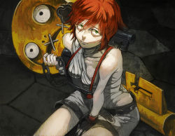 Rule 34 | 1girl, a.b.a, bandages, belt, bracelet, breasts, chain, cleavage, green eyes, grey shorts, guilty gear, jewelry, key, key in head, looking at viewer, medium breasts, object through head, paracelsus (guilty gear), red hair, short hair, shorts, sitting, sleeveless, stitches, udakyo
