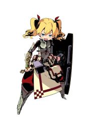 Rule 34 | 1girl, armor, atlus, bag, blonde hair, blue eyes, boots, etrian odyssey, fighting stance, fortress (sekaiju), hair ribbon, hammer, himukai yuuji, official art, open mouth, pouch, ribbon, sekaiju no meikyuu, sekaiju no meikyuu 4, shield, simple background, standing, twintails, weapon, white background
