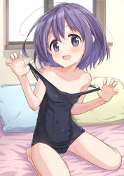 Rule 34 | 1girl, bare legs, bare shoulders, barefoot, black one-piece swimsuit, breasts, collarbone, commentary request, covered navel, indoors, kohshibasaki, looking at viewer, medium hair, off shoulder, old school swimsuit, on bed, one-piece swimsuit, open mouth, original, pillow, purple eyes, purple hair, school swimsuit, sitting, small breasts, solo, swimsuit, wariza, window