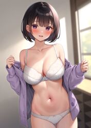 Rule 34 | 1girl, bare shoulders, blurry, blush, bow, bow panties, bra, breasts, brown hair, buttons, cleavage, collarbone, commentary request, cropped legs, depth of field, groin, indoors, inoue yurina, jacket, karutamo, large breasts, long sleeves, looking at viewer, navel, open mouth, original, panties, purple eyes, purple jacket, short hair, sleeves past wrists, smile, solo, standing, stomach, thigh gap, underwear, white bra, white panties, window