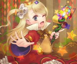 Rule 34 | 1girl, ;d, apron, asymmetrical hair, bad id, bad pixiv id, blonde hair, blue eyes, bow, brown background, cropped jacket, crown, dress, highres, long hair, madou monogatari, mini crown, mojuke, one eye closed, open mouth, outstretched hand, pupuru (sei madou monogatari), puyopuyo, red dress, sei madou monogatari, side ponytail, smile, solo, striped, striped background, vertical stripes, wand, wink
