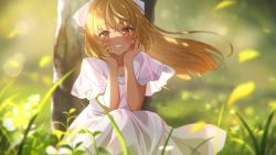 Rule 34 | 1girl, blonde hair, blurry, blurry background, blurry foreground, blush, commentary request, dark-skinned female, dark skin, day, depth of field, dress, floating hair, grass, hair between eyes, hair ribbon, hands up, highres, hololive, long hair, narumi nanami, outdoors, pointy ears, red eyes, ribbon, shiranui flare, short sleeves, sitting, solo, sundress, tree, very long hair, virtual youtuber, white dress, white ribbon, wide sleeves