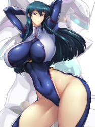 Rule 34 | 1girl, absurdres, arms behind head, arms up, black eyes, black hair, blue eyes, blue hair, blue thighhighs, bodysuit, breasts, core gunner, covered erect nipples, covered navel, curvy, floating hair, fujimura shizuru, haganef, helmet, highleg, highleg leotard, highres, huge breasts, large breasts, leotard, long hair, looking at viewer, mecha, open mouth, pilot suit, revealing clothes, robot, shinkon gattai godannar!!, shiny clothes, shiny skin, skindentation, smile, thick thighs, thighhighs, thighs, thong leotard