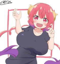 Rule 34 | 1girl, absurdres, black shirt, blush, breasts, collarbone, dragon girl, dragon horns, hands up, highres, horns, huge breasts, ilulu (maidragon), kobayashi-san chi no maidragon, kusodani, large breasts, long hair, looking at viewer, multicolored hair, pointy ears, purple hair, red eyes, red hair, sharp teeth, shirt, short sleeves, signature, slit pupils, smile, solo, teeth, twintails, two-tone hair, very long hair, white background
