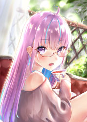 Rule 34 | 1girl, absurdres, ahoge, alternate hairstyle, aqua hair, bad id, bad pixiv id, blush, colored inner hair, couch, cup, curtains, day, glasses, hair down, highres, hololive, huge filesize, indoors, long hair, looking at viewer, minato aqua, multicolored hair, nail polish, off shoulder, open mouth, plant, purple eyes, purple hair, ribbed sweater, saucer, solo, straight hair, sunlight, sweater, taracomax, tea, teacup, thighs, two-tone hair, vines, virtual youtuber