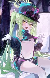 Rule 34 | 1girl, absurdres, bikini, black bikini, black hat, black jacket, blue archive, blush, breasts, fang, feet out of frame, gloves, green hair, green halo, halo, hat, highres, jacket, kabedoru, long hair, long sleeves, looking at viewer, night, nozomi (blue archive), open mouth, outdoors, palm tree, peaked cap, pointy ears, sitting, skin fang, small breasts, smile, solo, swimsuit, tree, twintails, white gloves, yellow eyes