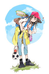 Rule 34 | 1girl, :o, ankle socks, backpack, bag, ball, baseball cap, black footwear, black socks, blue bag, blue pants, blue sky, blush stickers, brown hair, clothes around waist, cloud, day, full body, grass, h kawa, hat, highres, holding strap, jacket, jacket around waist, leaning forward, long hair, long sleeves, net, original, outdoors, pants, parted lips, pink hat, racket, shirt, shoes, sky, sleeves past elbows, sneakers, soccer ball, socks, solo, sparkle, tennis racket, v-shaped eyebrows, white background, white shirt, white sleeves, yellow jacket