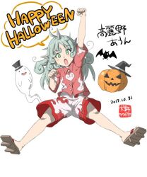 Rule 34 | 1girl, animal ears, arm up, artist name, bat (animal), black hat, character name, clenched hands, curly hair, dated, full body, geta, ghost, green eyes, green hair, happy halloween, hat, horns, inuno rakugaki, jack-o&#039;-lantern, kariyushi shirt, kariyushi shorts, komano aunn, long hair, looking at viewer, one-hour drawing challenge, open mouth, red shirt, shirt, short sleeves, shorts, simple background, single horn, solo, speech bubble, top hat, touhou, white background, white shorts, witch hat