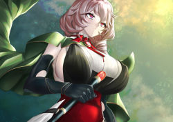 Rule 34 | 1girl, absurdres, azur lane, black gloves, breasts, brooch, cape, detached sleeves, duca degli abruzzi (azur lane), from below, gloves, hair between eyes, highres, holding, holding scepter, jewelry, large breasts, mechanical arms, medium hair, multicolored clothes, red eyes, red neckwear, scepter, single mechanical arm, ura tomoya