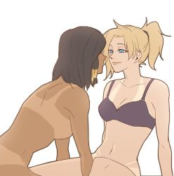 Rule 34 | 2girls, anco (platanity), arm support, arms at sides, bad id, bad twitter id, bare shoulders, bikini tan, black bra, blue eyes, bottomless, bra, braid, breasts, closed mouth, collarbone, completely nude, couple, dark-skinned female, dark skin, eyebrows, from behind, hair ornament, hair tie, hair tubes, kneeling, leaning back, lingerie, looking at another, mercy (overwatch), multiple girls, navel, nude, overwatch, overwatch 1, pharah (overwatch), ponytail, side braids, sideboob, sidelocks, simple background, sitting, smile, tan, tanline, underwear, white background, yuri