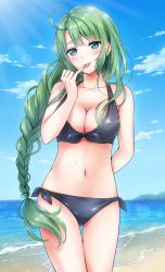 Rule 34 | 10s, 1girl, ahoge, arm behind back, beach, bikini, blue bikini, blue eyes, blue theme, braid, breasts, collarbone, day, finger to mouth, gluteal fold, green hair, highres, kantai collection, long hair, looking at viewer, medium breasts, nanairo fuuka, navel, ocean, outdoors, shiny clothes, side-tie bikini bottom, solo, standing, swimsuit, tongue, tongue out, upper body, yuugumo (kancolle)