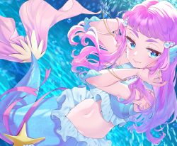 Rule 34 | 1girl, absurdres, blue eyes, closed mouth, fins, head fins, highres, huge filesize, laura (precure), long hair, looking at viewer, mermaid, midriff, monster girl, navel, pink hair, precure, smile, solo, thick eyebrows, tropical-rouge! precure, water, yupiteru