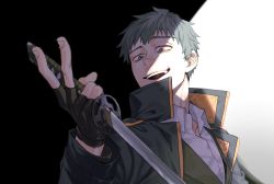 Rule 34 | 1boy, black background, black coat, black gloves, black jacket, blue hair, brown eyes, coat, collared shirt, dress shirt, fate/grand order, fate (series), fingerless gloves, gloves, hand up, high collar, highres, holding, holding sword, holding weapon, jacket, katana, long sleeves, looking away, male focus, not anpn, open mouth, reverse grip, saitou hajime (fate), shirt, short hair, smile, solo, sword, teeth, two-tone background, upper body, weapon, white background, white shirt