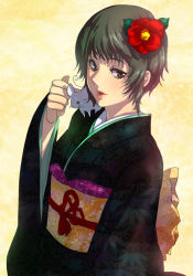Rule 34 | brown eyes, green hair, hair ornament, japanese clothes, kimono, mouse (animal), original, solo, tamachi kuwa