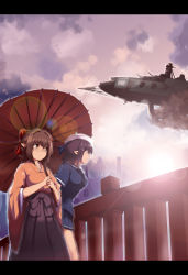 Rule 34 | 2girls, absurdres, aircraft, airship, battleship, cloud, cloudy sky, dixie cup hat, glasses, hair ornament, hair ribbon, hairclip, hat, highres, holding, holding umbrella, hu sea, japanese clothes, lens flare, letterboxed, military, military hat, military vehicle, multiple girls, original, pointy ears, ribbon, school uniform, ship, short hair, sky, umbrella, warship, watercraft