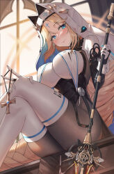 Rule 34 | 1girl, absurdres, armored bodysuit, black pantyhose, black robe, blush, bodysuit, breasts, brown bodysuit, cloak, clothing cutout, commentary request, cross, crossed legs, facial mark, forehead mark, goddess of victory: nikke, habit, highres, holding, holding weapon, indoors, kind1516, large breasts, leg cutout, long braid, long hair, looking at viewer, nun, pantyhose, rapunzel (nikke), robe, sitting, solo, thighhighs, weapon, white cloak, white thighhighs