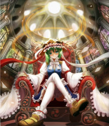 Rule 34 | 1girl, armchair, bad id, bad pixiv id, blue eyes, bow, chair, column, crossed legs, dome, dress, female focus, frilled dress, frilled sleeves, frills, from below, green hair, grin, hat, head tilt, indoors, legs, loafers, looking at viewer, mitsudomoe (shape), parted lips, pillar, red ribbon, ribbon, rooftop, room, shiki eiki, shoes, short hair, sitting, skirt, smile, solo, sunlight, thighhighs, throne, tomoe (symbol), touhou, urabe michiru, white bow, white ribbon, white thighhighs, wide sleeves