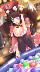 Rule 34 | :d, animal ear fluff, animal ears, bad id, bad pixiv id, bell, black legwear, blurry, blurry background, blush, breasts, brown hair, cleavage, detached sleeves, dutch angle, festival, fox ears, fox tail, gold trim, hair bell, hair ornament, hand in own hair, highres, hook, japanese clothes, jingle bell, kimono, large breasts, open mouth, outdoors, pink kimono, purple eyes, smile, squatting, suzune (teria saga), tail, teria saga, thighhighs, wading pool, water, water balloon