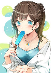 Rule 34 | 1girl, bare shoulders, blue camisole, blue eyes, blush, breasts, brown hair, camisole, cleavage, collarbone, collared shirt, commentary request, dress shirt, eating, fang, fingernails, food, holding, holding food, jewelry, kurata rine, long hair, looking at viewer, medium breasts, off shoulder, original, pendant, ponytail, popsicle, shirt, sidelocks, solo, upper body, white shirt