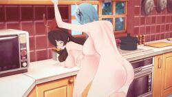 Rule 34 | 2girls, 3d, amber (genshin impact), animated, animated gif, ass, back, backboob, bent over, blue hair, breast press, breasts, brown hair, completely nude, cum, cum in pussy, doggystyle, eula (genshin impact), futa with female, futanari, genshin impact, gloves, headband, kitchen, large breasts, leaning forward, long hair, medium breasts, medium hair, multiple girls, nae22, nude, sex, sex from behind, yuri