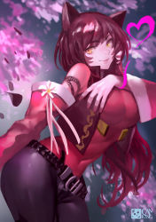 Rule 34 | 1girl, ahri (league of legends), animal ears, ass, bare shoulders, blouse, blue eyes, breasts, canking, cropped vest, detached sleeves, facial mark, female focus, fox ears, fox girl, highres, large breasts, league of legends, long hair, pantyhose, red shirt, shirt, solo, vest, whisker markings, wide sleeves, yellow eyes