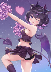 Rule 34 | 1girl, animal ear fluff, animal ears, arched back, arm up, ass, bare arms, bare shoulders, black bow, black hair, black ribbon, black shirt, black skirt, black socks, blush, bow, breasts, cheerleader, colored inner hair, commission, crop top, crown, demon girl, demon tail, demon wings, eyelashes, fangs, from side, hand up, heart, highres, horn ornament, horn ribbon, horns, indie virtual youtuber, koaku mayo, leg up, long tail, looking at viewer, looking to the side, matsu520, medium breasts, midriff, miniskirt, mole, mole under eye, multicolored hair, one eye closed, open mouth, outstretched arm, pink hair, pink pom poms, pleated skirt, pom pom (cheerleading), purple eyes, ribbon, shirt, short hair, sideboob, skeb commission, skirt, skirt bow, sleeveless, sleeveless shirt, smile, socks, solo, sparkle, standing, striped, striped bow, swept bangs, tail, two-tone hair, virtual youtuber, wings
