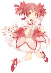 Rule 34 | 10s, 1girl, :3, bad id, bad pixiv id, bow, bubble skirt, dress, gloves, hair bow, kaname madoka, kyubey, looking at viewer, magical girl, mahou shoujo madoka magica, mahou shoujo madoka magica (anime), pink hair, red eyes, short twintails, simple background, skirt, socks, solo, twintails, uramakaron, white background