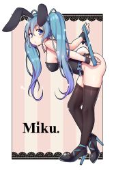 Rule 34 | 1girl, animal ears, ass, bad id, bad pixiv id, bent over, black thighhighs, blue eyes, blue hair, breasts, character name, fake animal ears, from side, full body, hanging breasts, hatsune miku, high heels, highres, hikataso, huge ass, large breasts, leotard, long hair, looking at viewer, nail polish, playboy bunny, rabbit ears, rabbit tail, solo, tail, thighhighs, twintails, vocaloid, wrist cuffs