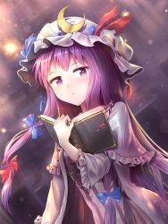 Rule 34 | 1girl, blue bow, bow, capelet, crescent, crescent hair ornament, dress, expressionless, hair bow, hair ornament, half-closed eyes, hat, highres, long hair, looking at viewer, minust, mob cap, patchouli knowledge, red bow, solo, striped clothes, striped dress, touhou, very long hair