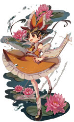 Rule 34 | 1girl, absurdres, ascot, bare shoulders, black footwear, black hair, blush, bow, detached sleeves, flower, frilled skirt, frills, full body, hair between eyes, hair bow, hair tubes, hakurei reimu, highres, japanese clothes, long hair, matsukuzu, nontraditional miko, open mouth, pink flower, red bow, red eyes, red skirt, ribbon-trimmed sleeves, ribbon trim, shoes, sidelocks, simple background, skirt, smile, socks, solo, touhou, water, white background, white sleeves, white socks, wide sleeves, yellow ascot