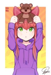 Rule 34 | 1girl, animal ears, annie (league of legends), blush, cat ears, fake animal ears, gradient background, green eyes, hood, hoodie, league of legends, long sleeves, orange background, parted lips, red hair, short hair, stuffed animal, stuffed toy, teddy bear, tibbers, tosyeo, upper body, white background, yellow background