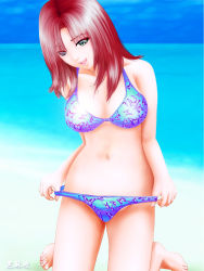 Rule 34 | adjusting clothes, adjusting swimsuit, beach, bikini, blue eyes, day, kneeling, long hair, non-web source, red hair, solo, swimsuit