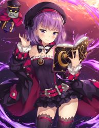 Rule 34 | 1girl, bare shoulders, beret, black hat, blush, book, breasts, closed mouth, commentary, contrapposto, covered navel, cowboy shot, doll, fate/grand order, fate (series), hat, helena blavatsky (fate), helena blavatsky (third ascension) (fate), hitsukuya, holding, holding book, long sleeves, looking at viewer, magic, mole, mole under eye, off shoulder, open book, purple eyes, purple hair, short hair, small breasts, smile, solo, standing, thighhighs