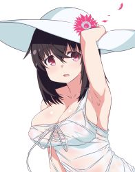 Rule 34 | 1girl, black hair, breasts, cleavage, flower ornament, ghost, hat, highres, hitodama, large breasts, light smile, looking at viewer, medium hair, open mouth, pink eyes, shirt, sweaty clothes, tareme, towa rui, towa rui (artist), towa rui channel, virtual youtuber, wet, wet clothes, wet shirt, white headwear