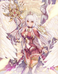 Rule 34 | 1girl, angel, angel wings, arm at side, arm warmers, bad id, bad pixiv id, braid, breasts, brown eyes, castle, cleavage, cloud, dress, feathered wings, feathers, h2o (dfo), halo, large breasts, legband, long hair, looking at viewer, original, sky, smile, solo, staff, standing, statue, thighhighs, tiara, white feathers, white hair, white sky, white thighhighs, white wings, wings
