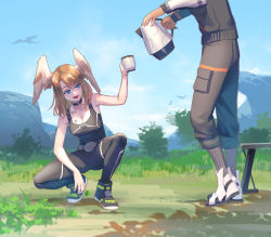 Rule 34 | 1boy, 1girl, belt, bird, blue eyes, bodysuit, breasts, brown hair, choker, cleavage, clover, cup, eunie (xenoblade), four-leaf clover, head out of frame, head wings, heavelle, holding, holding cup, mug, squatting, taion (xenoblade), teapot, wings, xenoblade chronicles (series), xenoblade chronicles 3