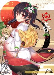 Rule 34 | 1girl, 2021, black hair, blush, breasts, closed mouth, commentary request, egasumi, ema, flower, flower knight girl, hair between eyes, hair flower, hair ornament, holding, japanese clothes, kimono, long hair, long sleeves, looking at viewer, looking to the side, manryou (flower knight girl), medium breasts, mount fuji, name connection, nengajou, new year, obi, object namesake, red eyes, sash, signature, smile, solo, twintails, utsurogi akira, white flower, white kimono, wide sleeves