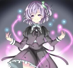 Rule 34 | 1girl, assault lily, black ribbon, black skirt, breasts, buttons, closed mouth, clover, commentary, cowboy shot, craisis (craisis2), cropped jacket, four-leaf clover, frilled skirt, frills, gradient background, grey background, hair between eyes, hands up, high-waist skirt, highres, hitotsuyanagi riri, jewelry, juliet sleeves, light blush, light particles, long sleeves, looking at viewer, medium breasts, neck ribbon, official alternate eye color, official alternate hair color, one side up, puffy sleeves, purple eyes, purple hair, ribbon, ring, school uniform, shirt, short hair, skirt, smile, solo, standing, white shirt, yurigaoka girls academy school uniform